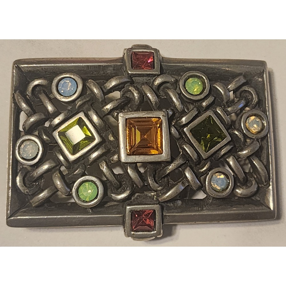 Vintage Belt Buckle Silver Tone Multi Color Crystal Interwoven  Metalwork - Picture 4 of 6
